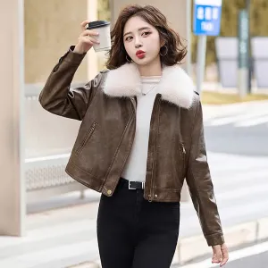cold weather outfits Joskaa Women's Autumn Winter New Style Leather Jacket Large Collar Fleece Lined And Thickened Petite Jacket PULeather ZH1138