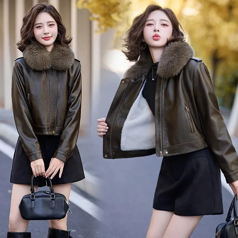 cold weather outfits Joskaa Women's Autumn Winter New Style Leather Jacket Large Collar Fleece Lined And Thickened Petite Jacket PULeather ZH1138