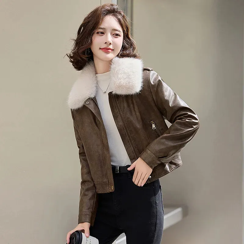 cold weather outfits Joskaa Women's Autumn Winter New Style Leather Jacket Large Collar Fleece Lined And Thickened Petite Jacket PULeather ZH1138
