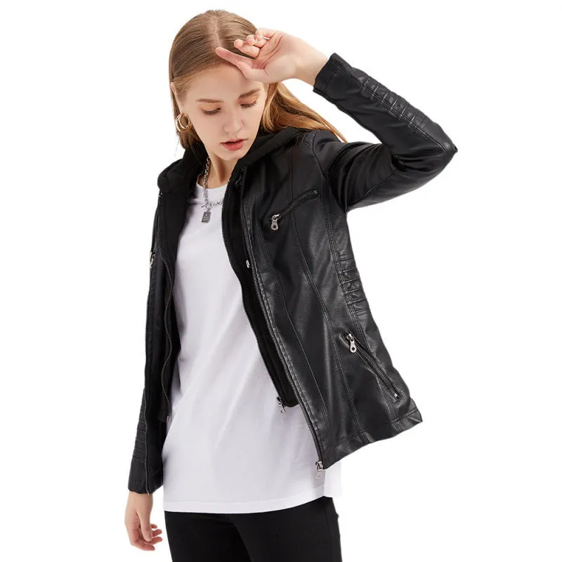 cold weather outfits Joskaa Women's Genuine Leather Hooded Jacket 2-Piece Set Removable Plus Size PU Washing Leather Spring Autumn Jacket