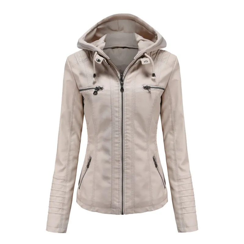 cold weather outfits Joskaa Women's Genuine Leather Hooded Jacket 2-Piece Set Removable Plus Size PU Washing Leather Spring Autumn Jacket