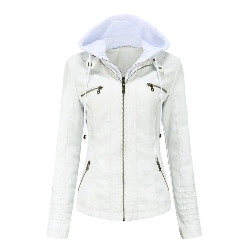cold weather outfits Joskaa Women's Genuine Leather Hooded Jacket 2-Piece Set Removable Plus Size PU Washing Leather Spring Autumn Jacket