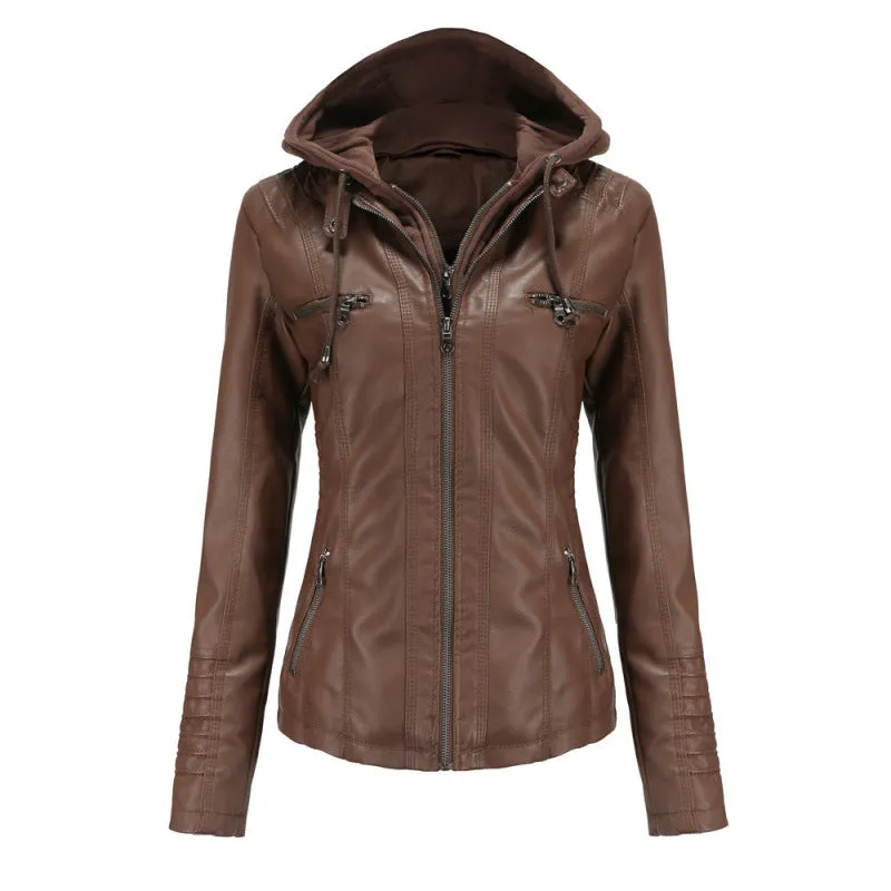 cold weather outfits Joskaa Women's Genuine Leather Hooded Jacket 2-Piece Set Removable Plus Size PU Washing Leather Spring Autumn Jacket