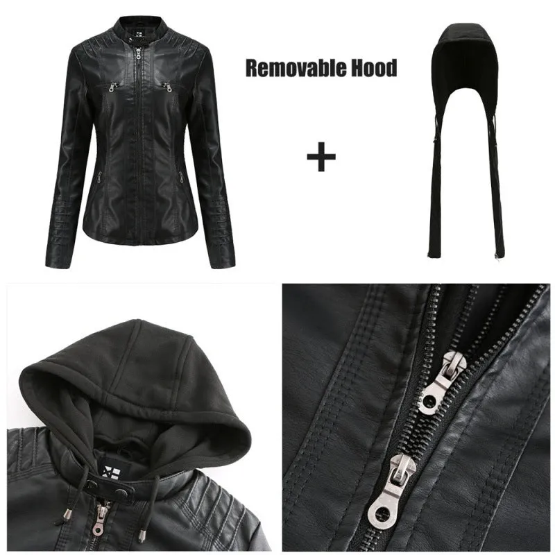 cold weather outfits Joskaa Women's Genuine Leather Hooded Jacket 2-Piece Set Removable Plus Size PU Washing Leather Spring Autumn Jacket