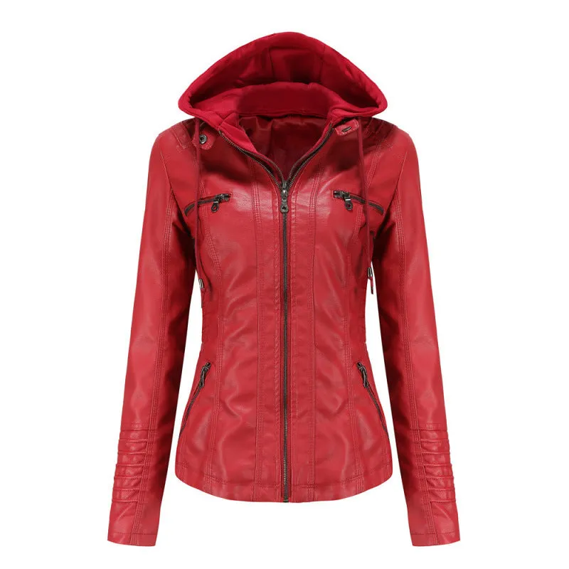 cold weather outfits Joskaa Women's Genuine Leather Hooded Jacket 2-Piece Set Removable Plus Size PU Washing Leather Spring Autumn Jacket