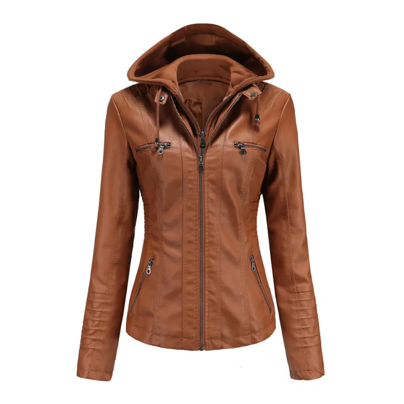 cold weather outfits Joskaa Women's Genuine Leather Hooded Jacket 2-Piece Set Removable Plus Size PU Washing Leather Spring Autumn Jacket