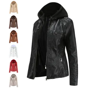cold weather outfits Joskaa Women's Genuine Leather Hooded Jacket 2-Piece Set Removable Plus Size PU Washing Leather Spring Autumn Jacket