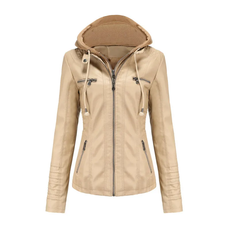 cold weather outfits Joskaa Women's Genuine Leather Hooded Jacket 2-Piece Set Removable Plus Size PU Washing Leather Spring Autumn Jacket