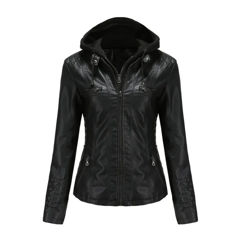 cold weather outfits Joskaa Women's Genuine Leather Hooded Jacket 2-Piece Set Removable Plus Size PU Washing Leather Spring Autumn Jacket