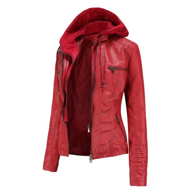 cold weather outfits Joskaa Women's Genuine Leather Hooded Jacket 2-Piece Set Removable Plus Size PU Washing Leather Spring Autumn Jacket