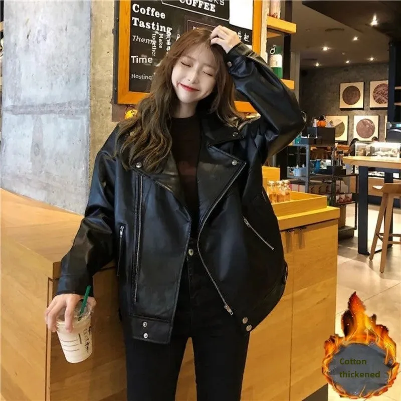 cold weather outfits Joskaa Women's Spring Autumn 2024 New Style Korean Version Loose Fit Casual Versatile Leather Jacket Street Fashion Biker Jacket INS Tr