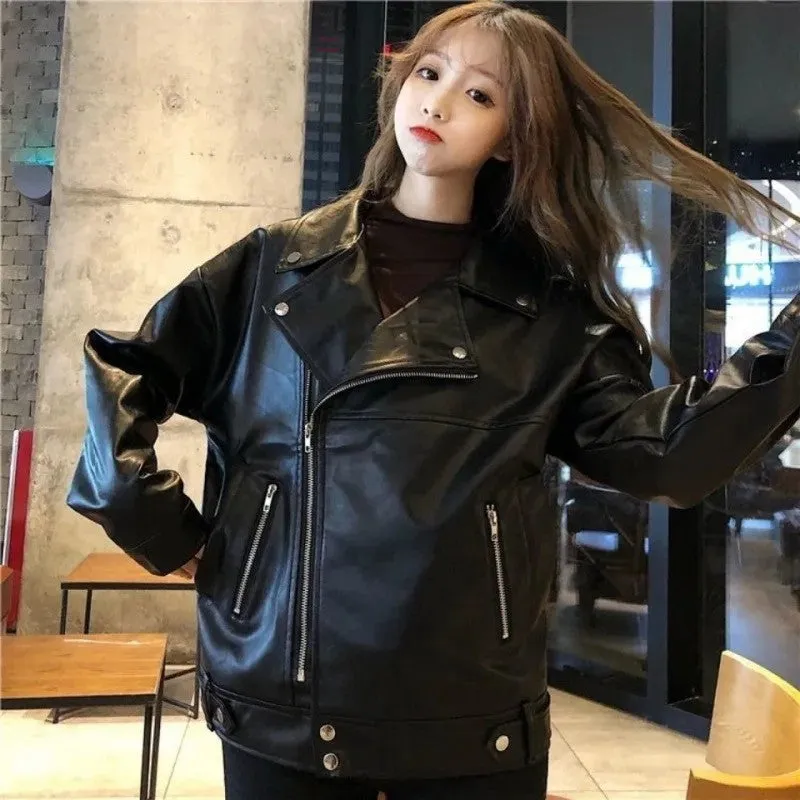 cold weather outfits Joskaa Women's Spring Autumn 2024 New Style Korean Version Loose Fit Casual Versatile Leather Jacket Street Fashion Biker Jacket INS Tr