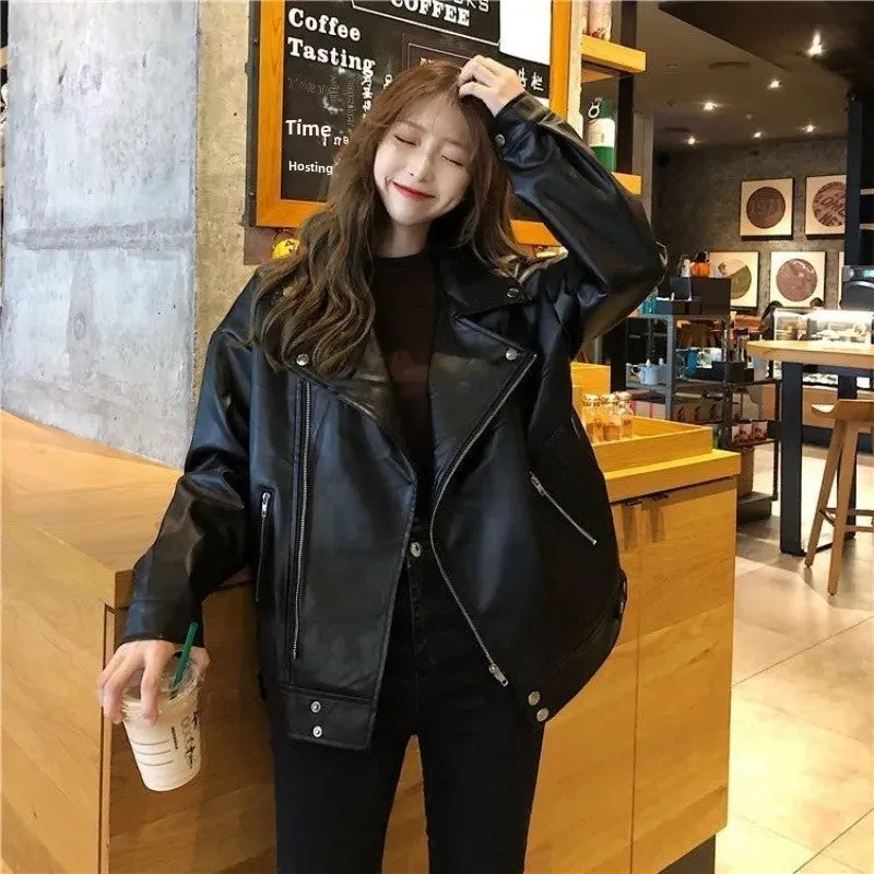 cold weather outfits Joskaa Women's Spring Autumn 2024 New Style Korean Version Loose Fit Casual Versatile Leather Jacket Street Fashion Biker Jacket INS Tr