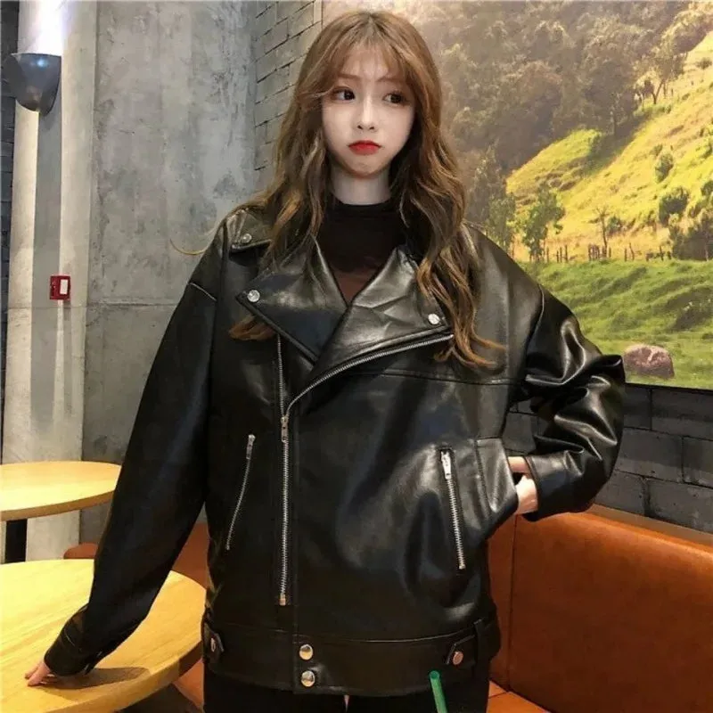 cold weather outfits Joskaa Women's Spring Autumn 2024 New Style Korean Version Loose Fit Casual Versatile Leather Jacket Street Fashion Biker Jacket INS Tr