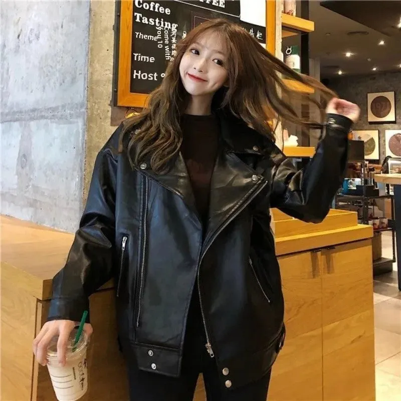 cold weather outfits Joskaa Women's Spring Autumn 2024 New Style Korean Version Loose Fit Casual Versatile Leather Jacket Street Fashion Biker Jacket INS Tr