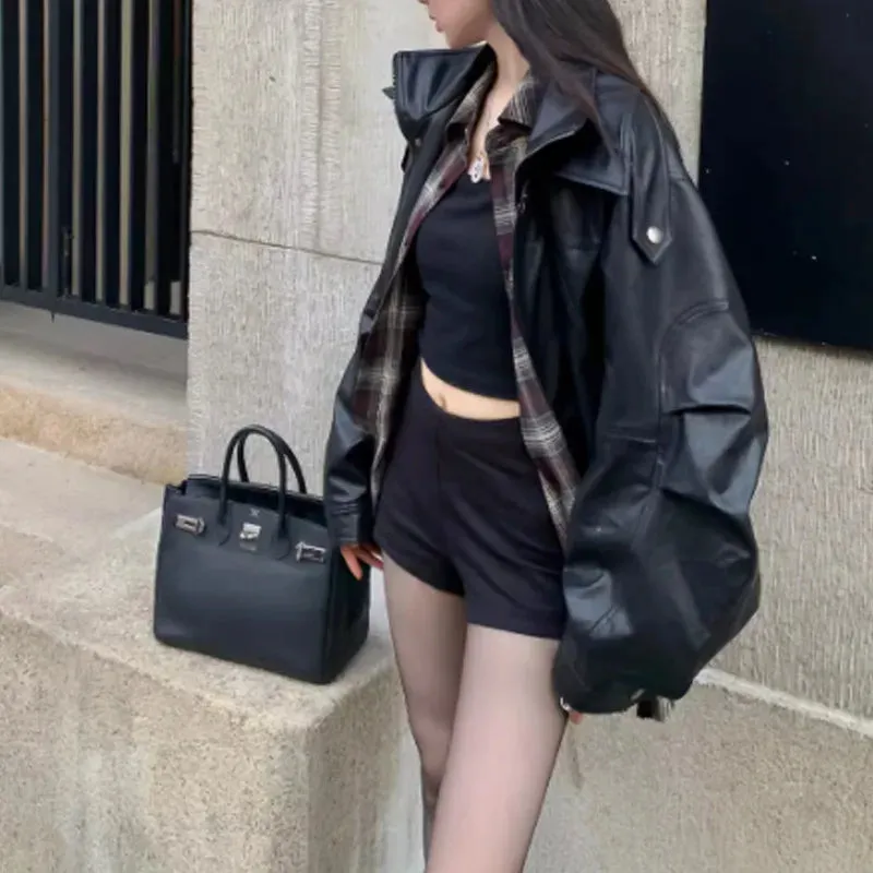cold weather outfits Joskaa Women's Vintage Loose-Fit Black Leather Jacket American Style Biker Top High-End Feel For Autumn 2024 New Arrival