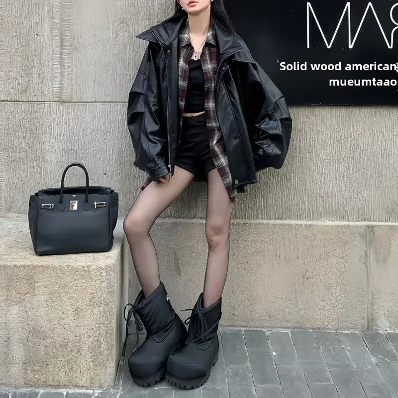 cold weather outfits Joskaa Women's Vintage Loose-Fit Black Leather Jacket American Style Biker Top High-End Feel For Autumn 2024 New Arrival