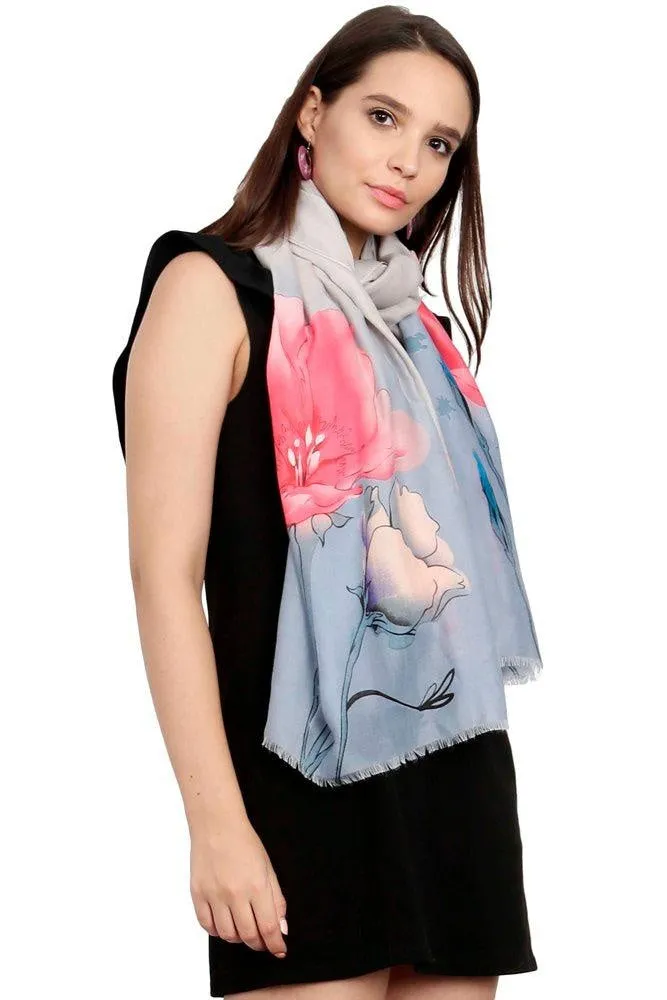 FabSeasons Pink Blue Viscose Colorful Floral Printed Soft & Stylish Scarf