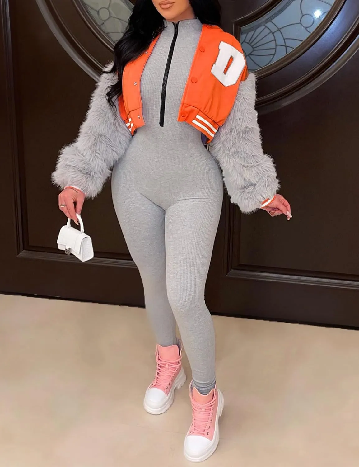 KANSOON Varsity Jacket Women Faux Fur Sleeve Cropped Baseball Jacket Button Up Casual Patchwork Letterman Coat