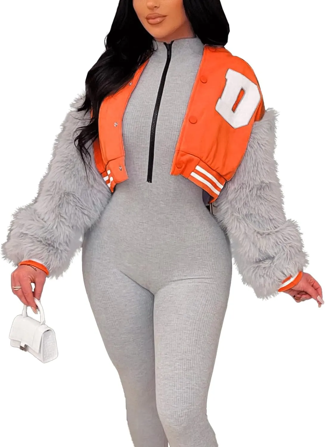 KANSOON Varsity Jacket Women Faux Fur Sleeve Cropped Baseball Jacket Button Up Casual Patchwork Letterman Coat