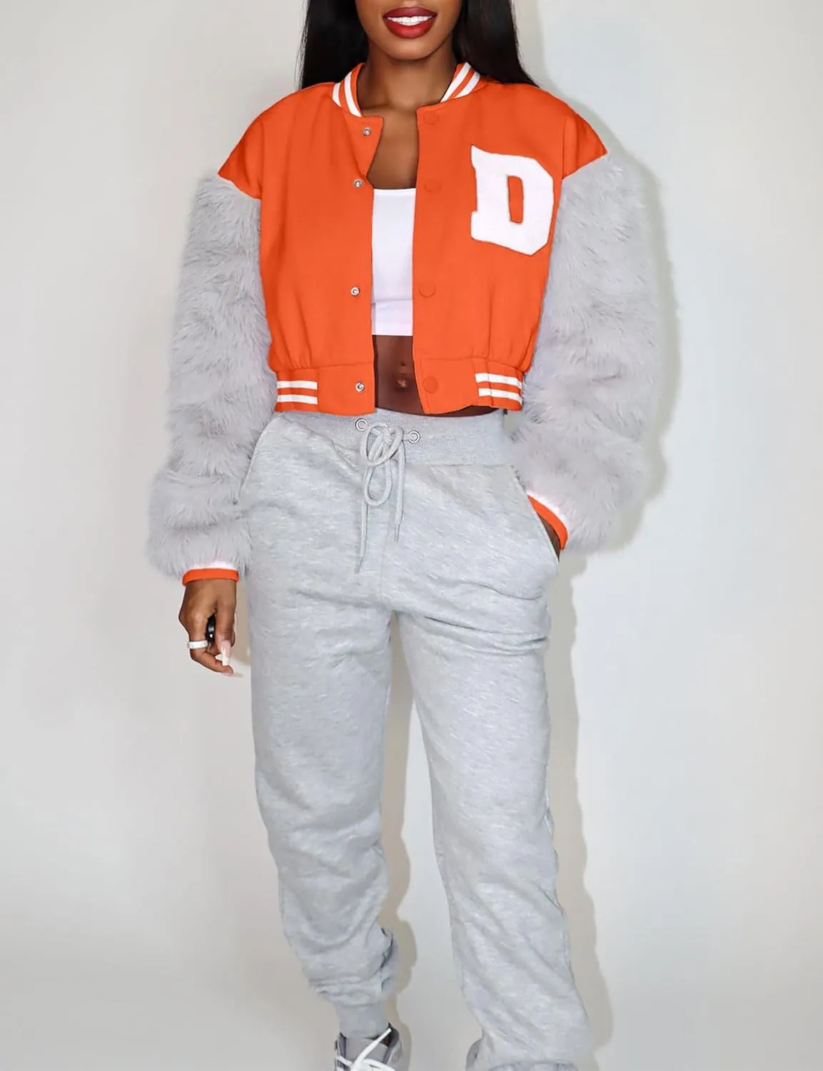 KANSOON Varsity Jacket Women Faux Fur Sleeve Cropped Baseball Jacket Button Up Casual Patchwork Letterman Coat