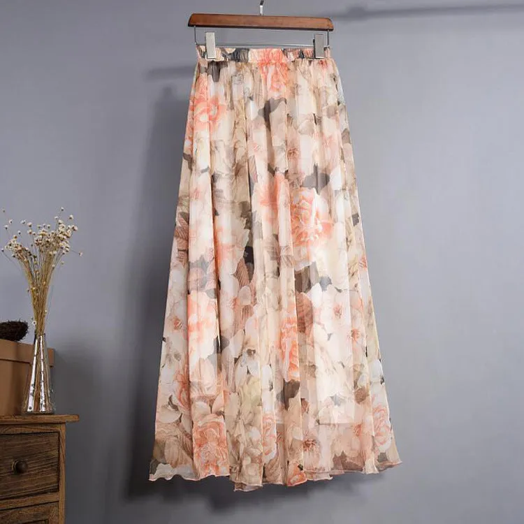 Luexco Elegant Long Chiffon High Waist Skirt Summer Saia