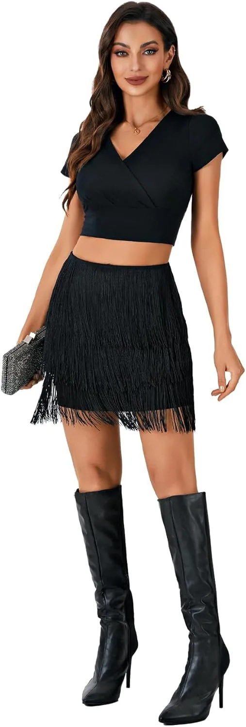 LYANER Women's Elastic High Waisted Fringe Short Pencil Bodycon Mini Skirts