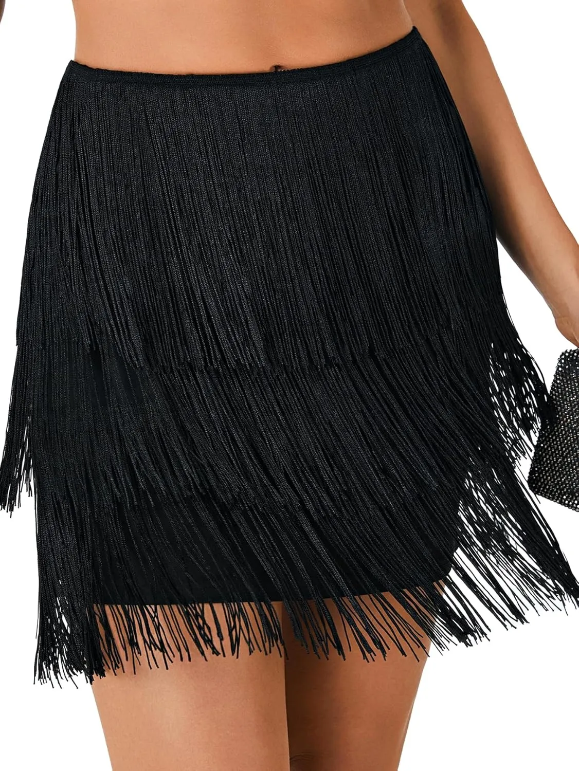 LYANER Women's Elastic High Waisted Fringe Short Pencil Bodycon Mini Skirts