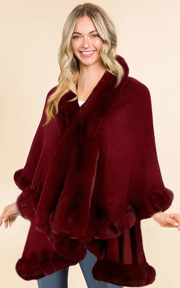 P1767 Double Fur Trim Cape Shawl