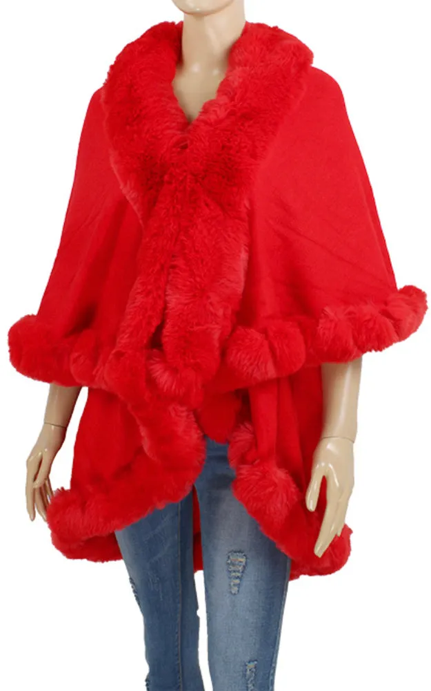 P1767 Double Fur Trim Cape Shawl