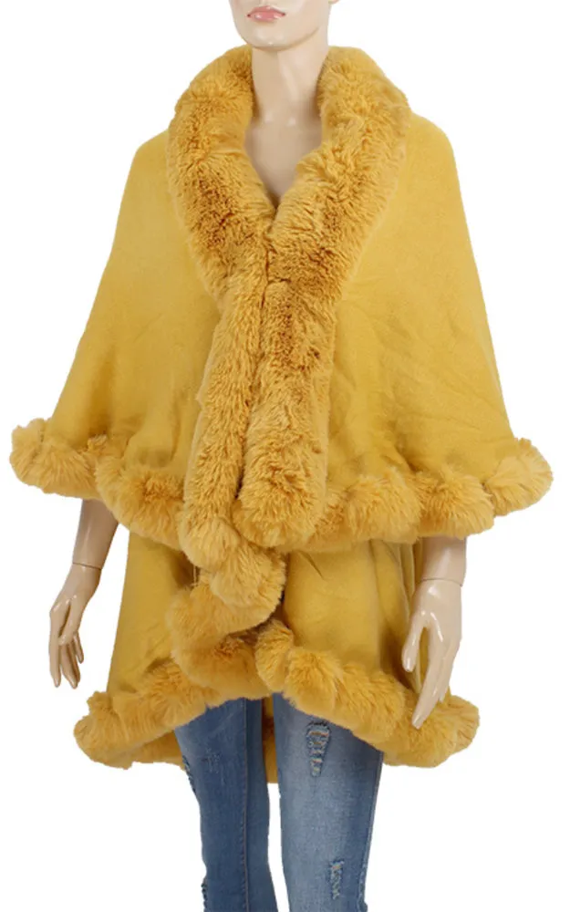 P1767 Double Fur Trim Cape Shawl