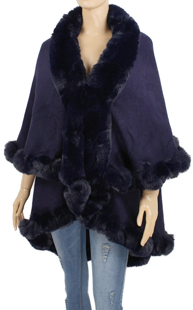 P1767 Double Fur Trim Cape Shawl