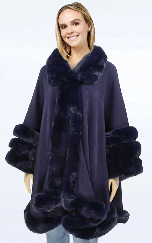 P1850 Sold Color Fur Trim Cape Shawl