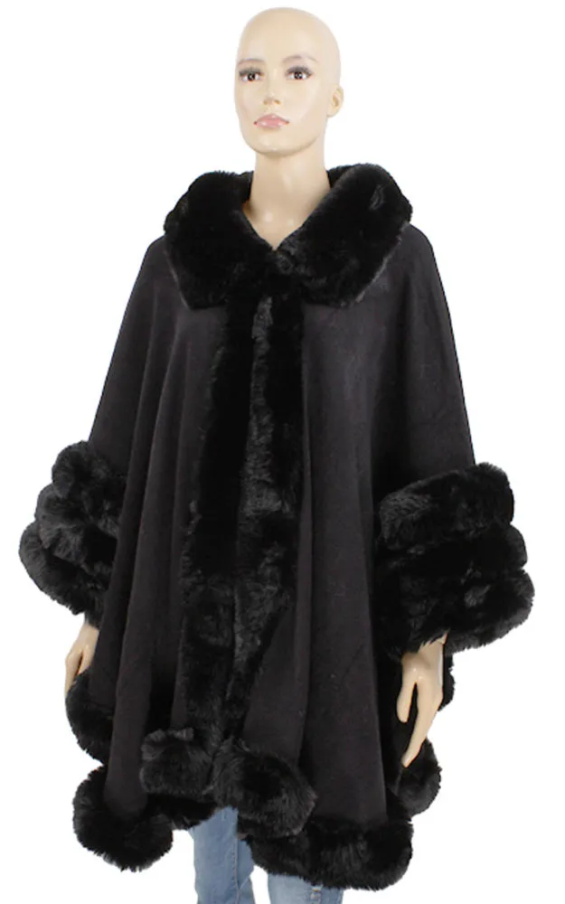 P1850 Sold Color Fur Trim Cape Shawl