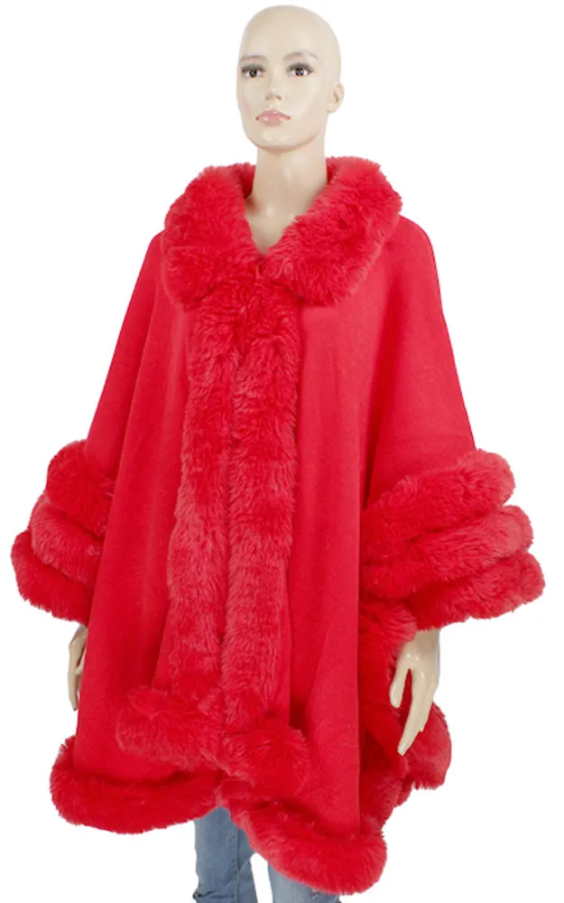 P1850 Sold Color Fur Trim Cape Shawl