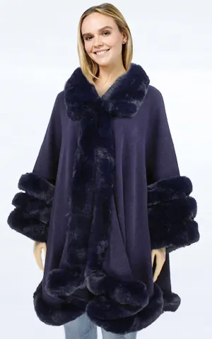 P1850 Sold Color Fur Trim Cape Shawl