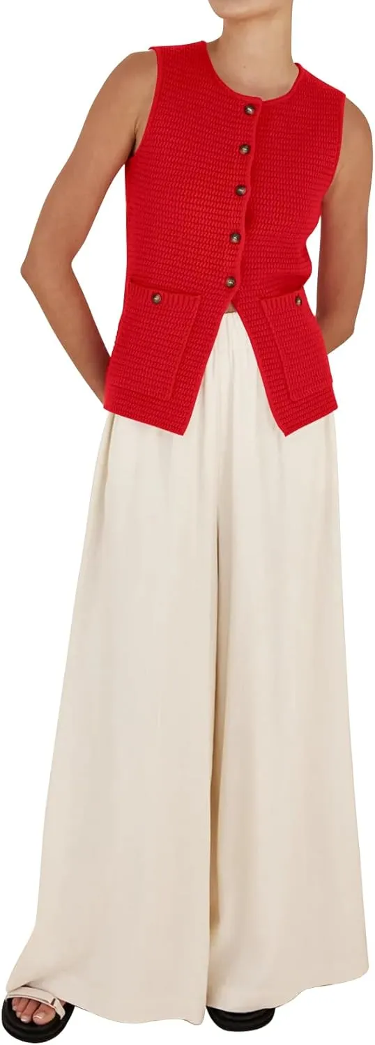 PEHMEA Women's Sweater Vest Sleeveless Button Down Spring Summer Tank Tops Trendy Cardigan Sweater Vests with Pockets