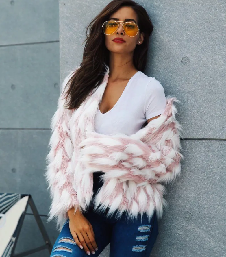 Pink White Faux Fur Coat