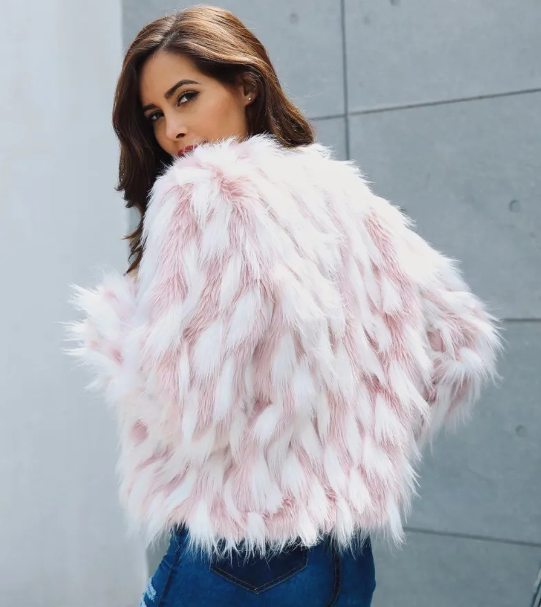Pink White Faux Fur Coat