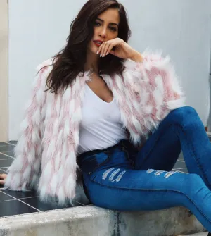 Pink White Faux Fur Coat