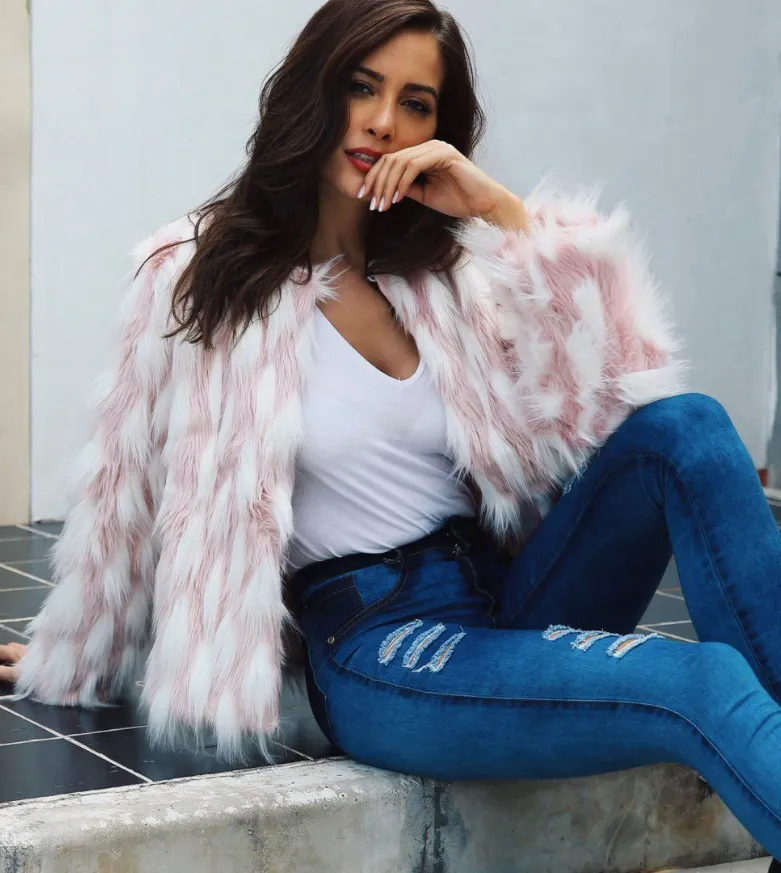 Pink White Faux Fur Coat