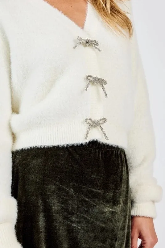 Porcelain Cardigan with Rhinestone Bows