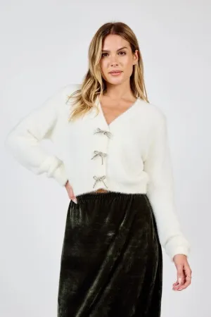 Porcelain Cardigan with Rhinestone Bows