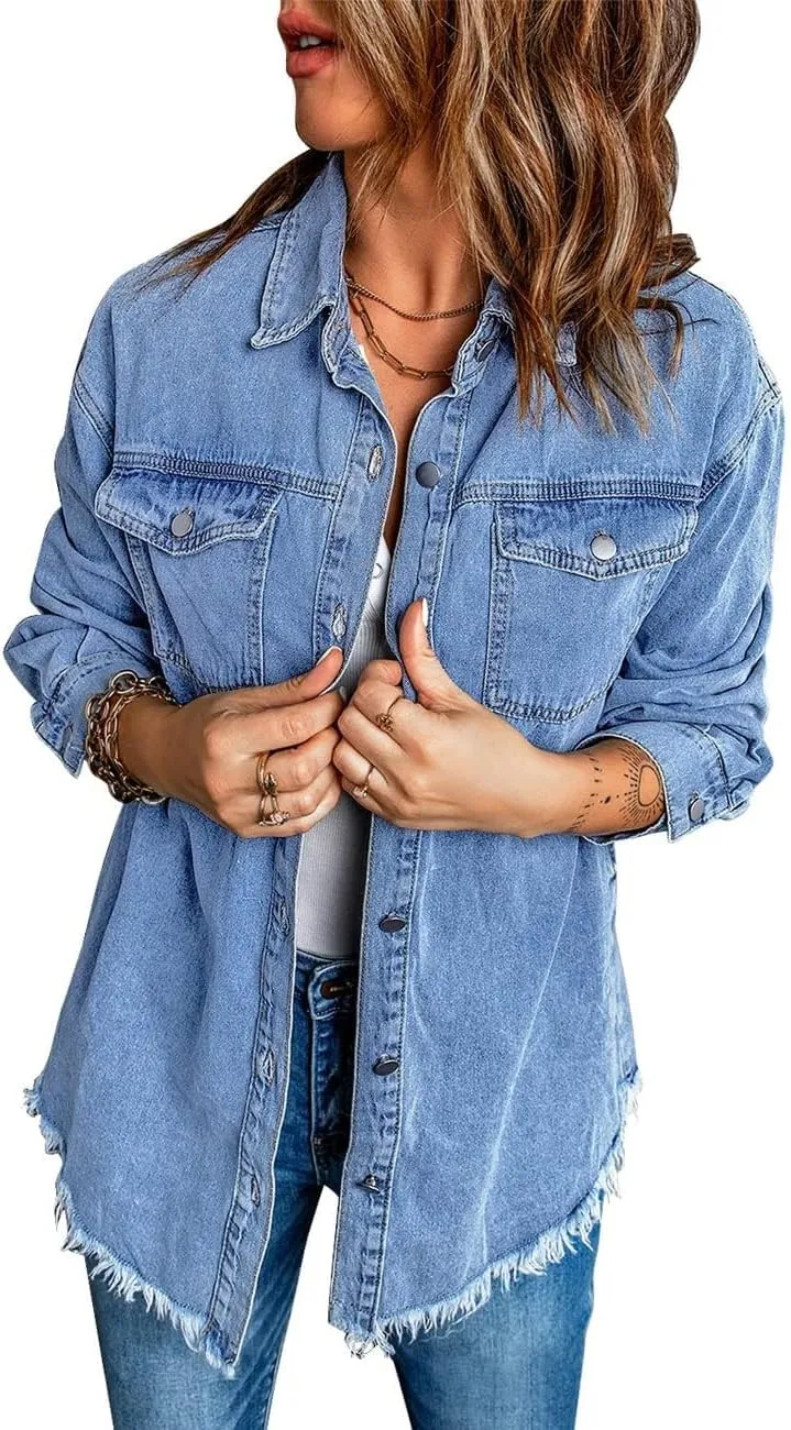 Vetinee Womens Oversized Button Up Frayed Hem Shacket Long Sleeve Pockets Denim Jean Jacket