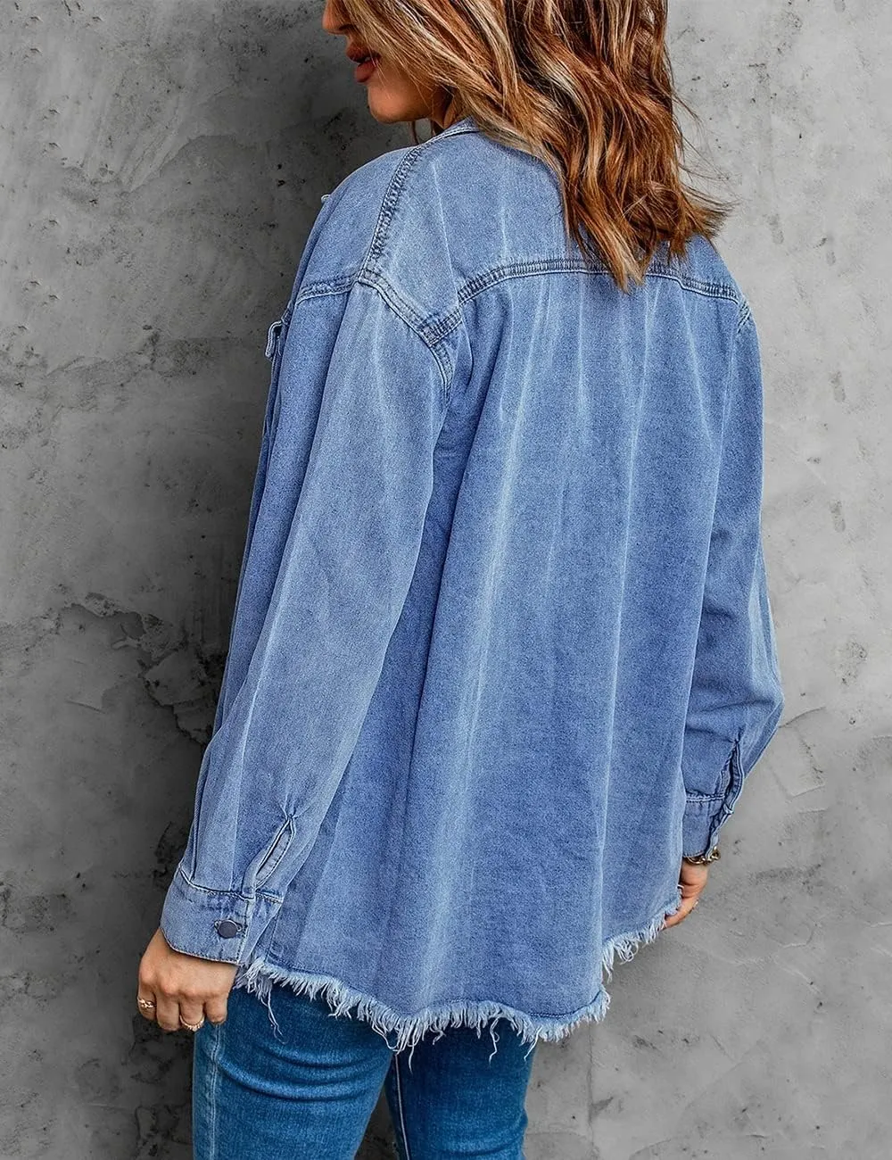 Vetinee Womens Oversized Button Up Frayed Hem Shacket Long Sleeve Pockets Denim Jean Jacket