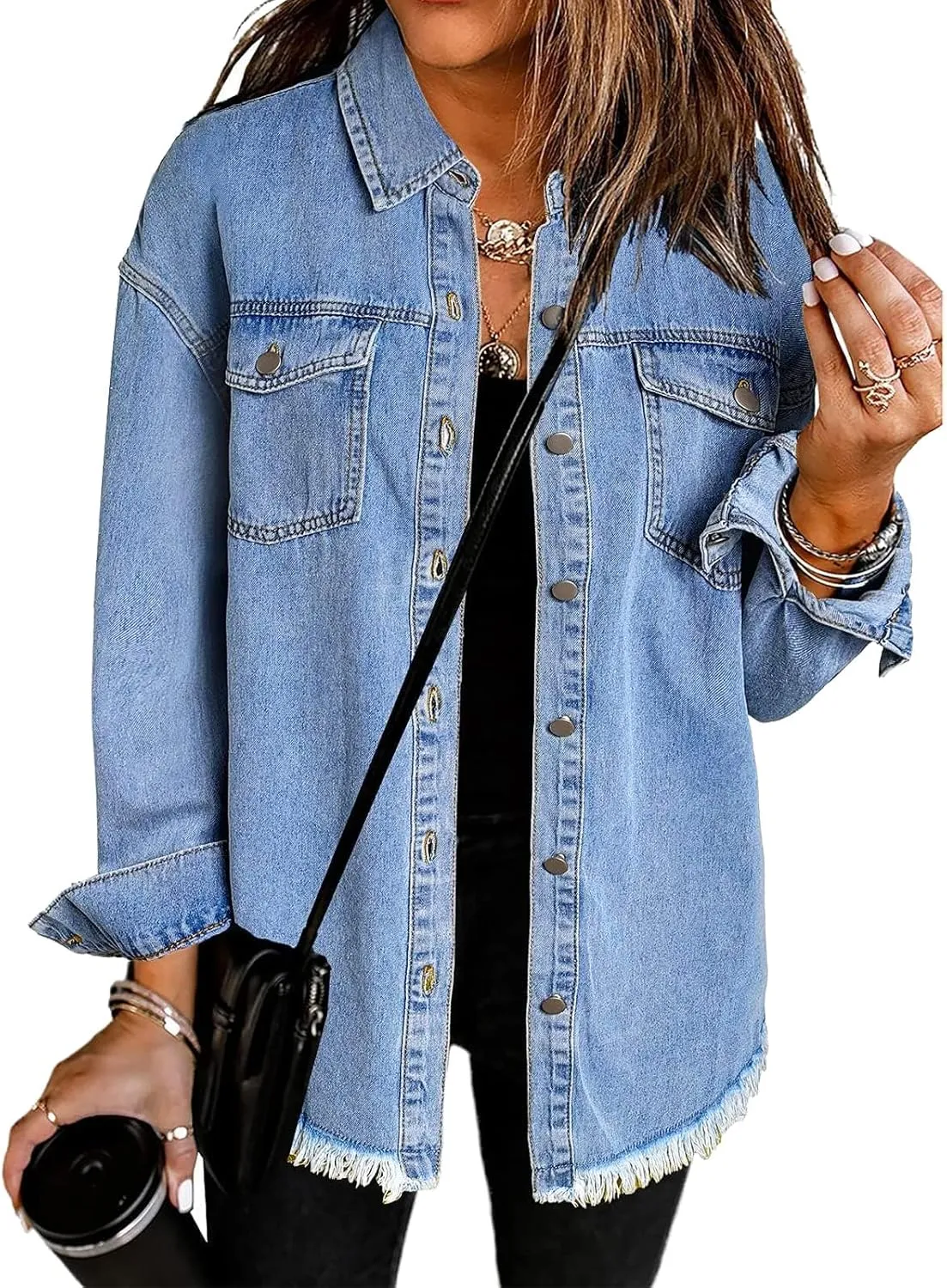 Vetinee Womens Oversized Button Up Frayed Hem Shacket Long Sleeve Pockets Denim Jean Jacket