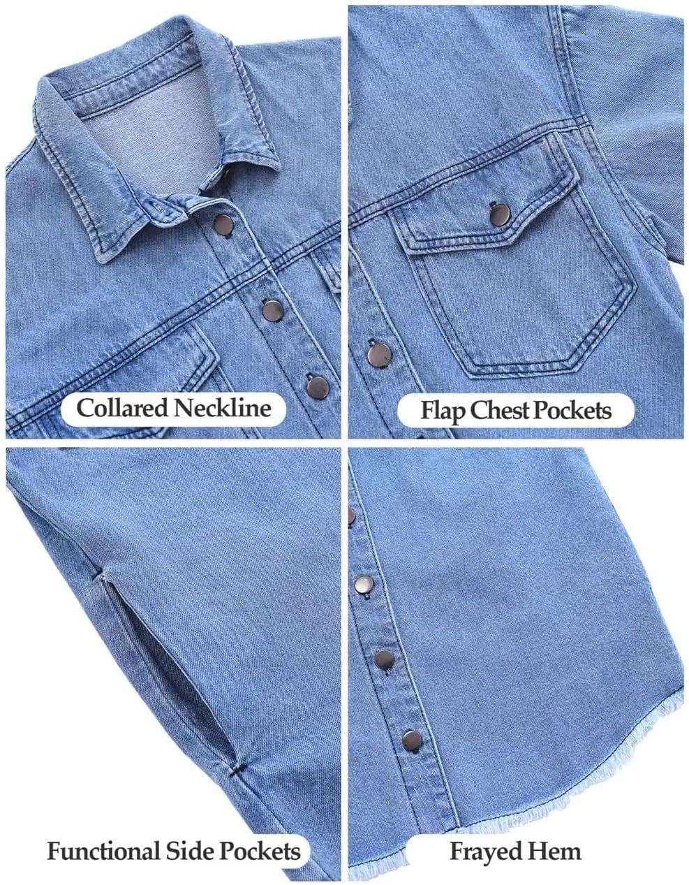 Vetinee Womens Oversized Button Up Frayed Hem Shacket Long Sleeve Pockets Denim Jean Jacket