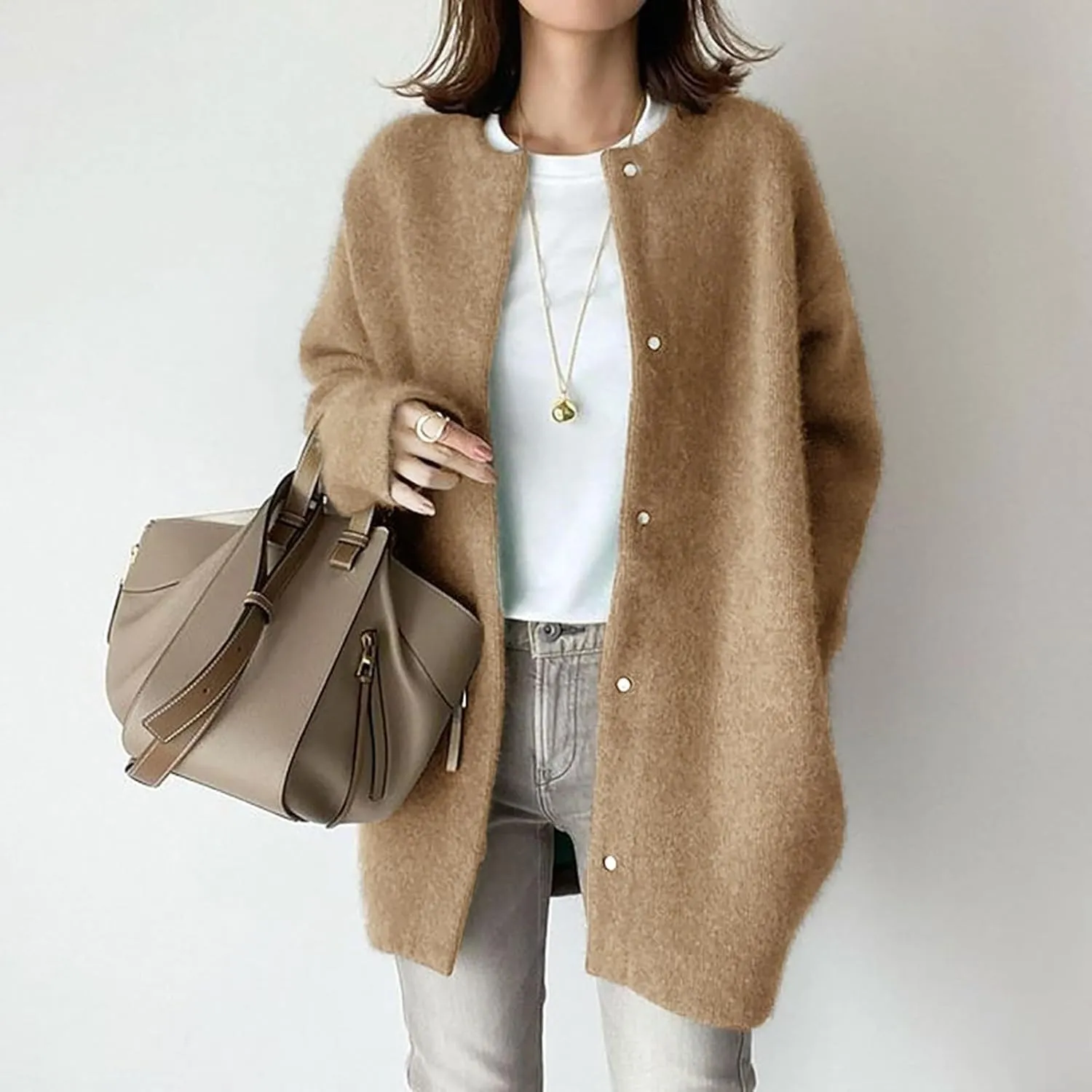 Warm Cardigans for Women Women's Korean Wool Coat Slim Trench Long Coat Fall Winter Elegant Round Ladies Short