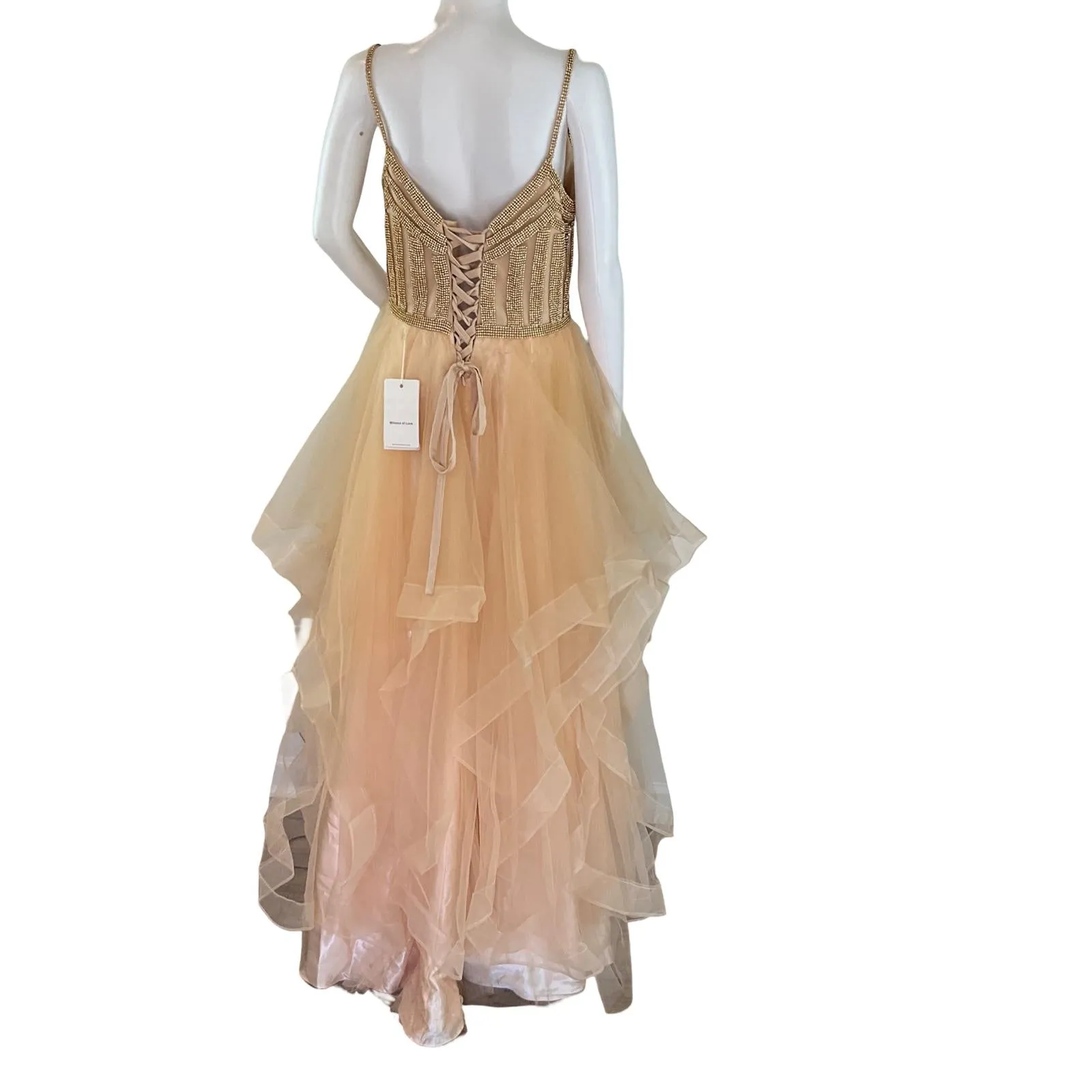 Witness Of Love Women's Gown Maxi Dress With Shiny Gold Stones & Skirt Ruffled Peach Color Sz Small