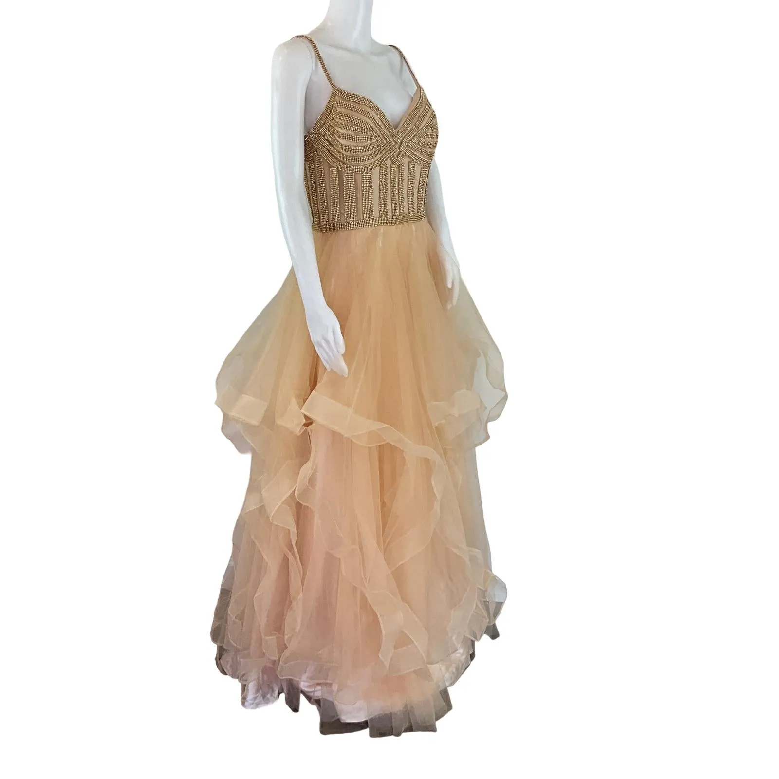 Witness Of Love Women's Gown Maxi Dress With Shiny Gold Stones & Skirt Ruffled Peach Color Sz Small